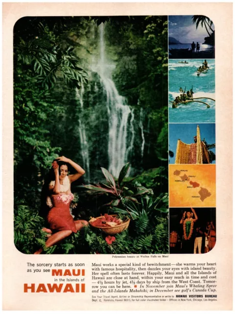 1964 Visit Hawaii Print Ad, Sorcery Starts See Maui Native Woman Wailua Falls