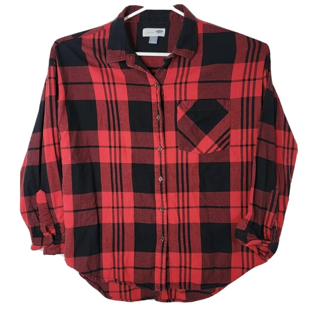 Old Navy Boyfriend Womens Size Large Red Plaid Button Up Long Sleeve Flannel Top
