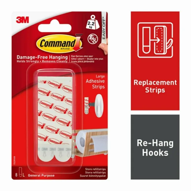 3M Command LARGE Mounting Replacement Refill Strips  Damage Free 8 STRIPS