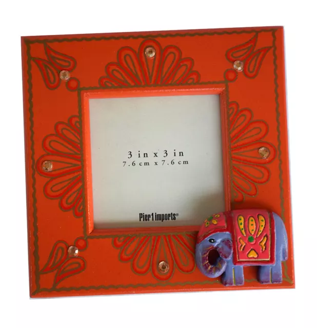 Vintage Pier 1 Imports 3" x 3" Elephant Photo Picture Frame Orange/Purple, NEW