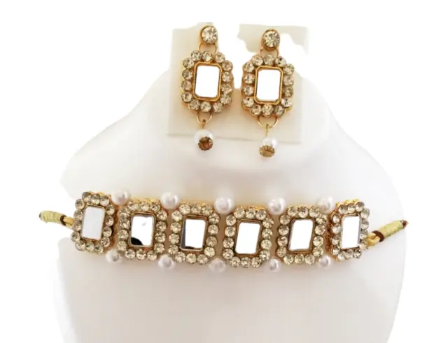 Ensemble de bijoux de mariée indien doré avec collier et boucles d'oreilles...