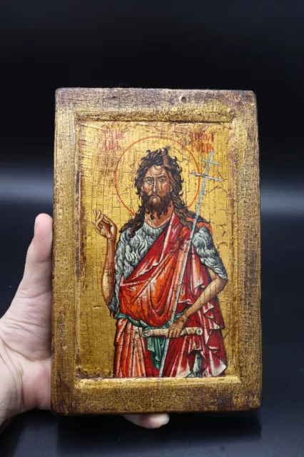 Hand painted Orthodox icon Saint John VERY OLD Antique Christianity Religion