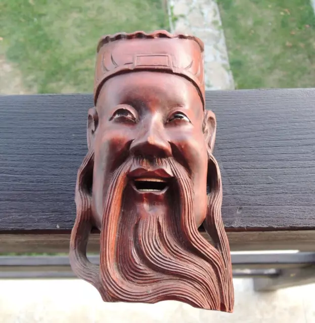 Vtg. Wood Asian Face Mask Hand Carved, Chinese Wooden Face Handmade Sculpture
