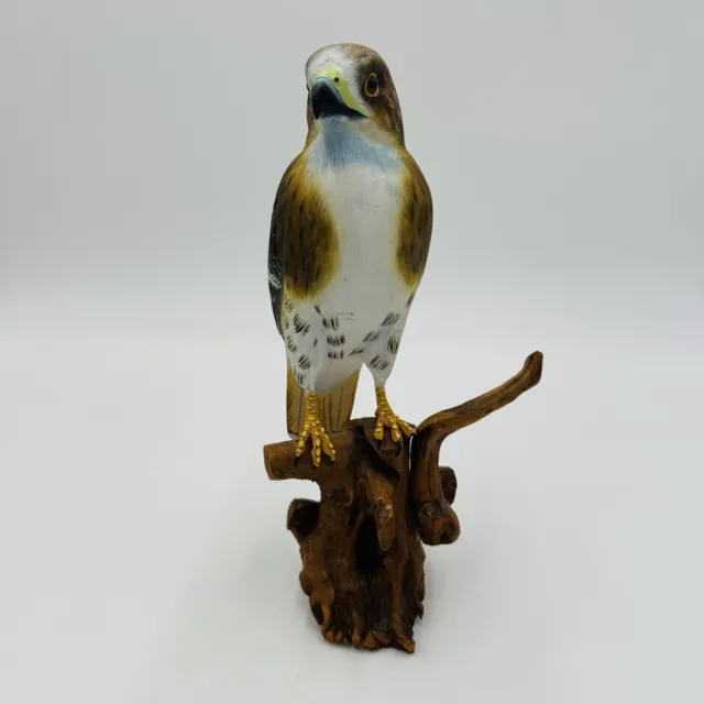Art Folk Hand Carved Wood Hawk Hand Painted Figurine 9” Signed Sculpture