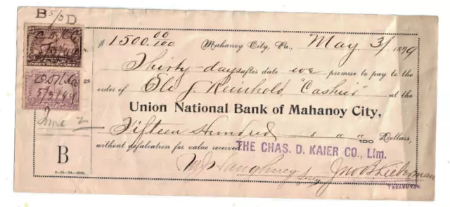 1899 Union National Bank of Mahanoy City Check With 2-Affixed Revenue Stamps