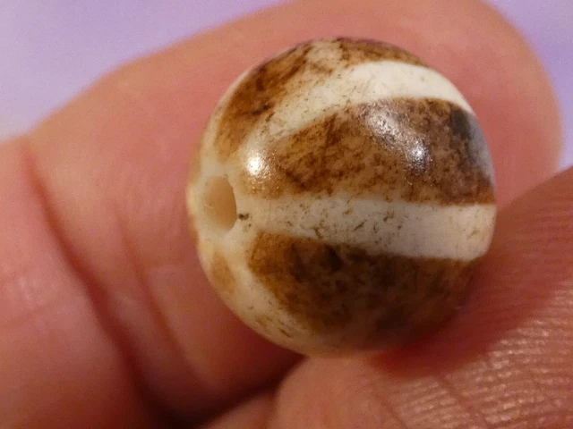 Ancient End Worn Pumtek Bead 6 Stripe Brown White Line Decorated Bead 13.5 Mm