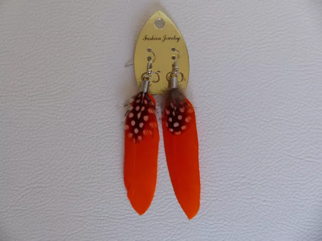 Boucles d'Oreilles Country en Plumes Véritables Orange - Bijoux des Lys