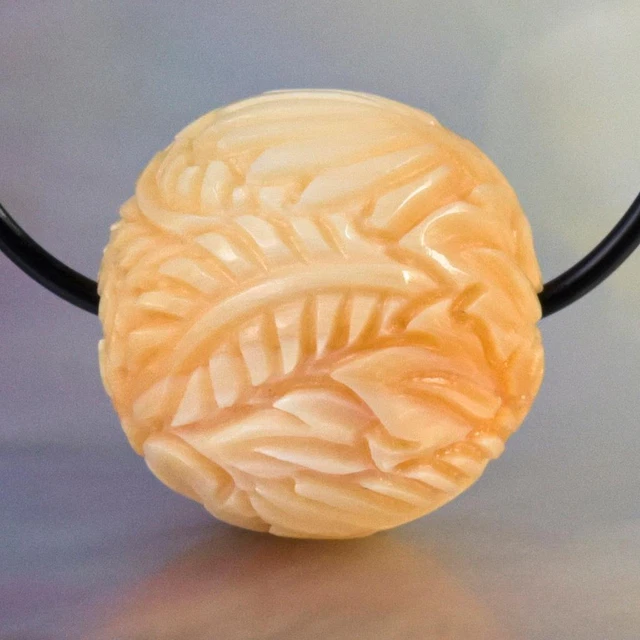 Tropical Leaf Design Bead 14.64 mm Carved Apricot Shell Handmade drilled 4.15 g