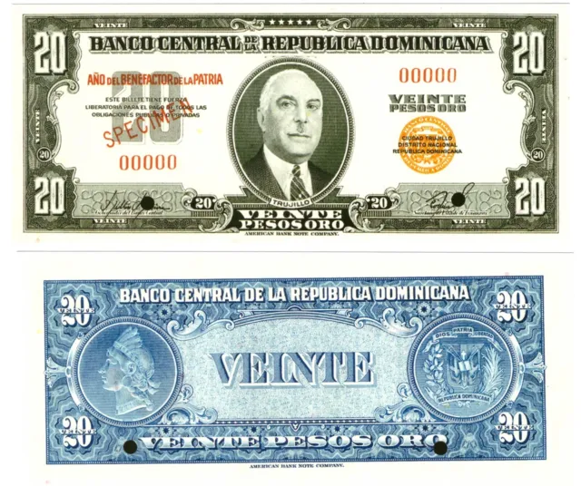 r Reproduction Paper- Dominican Republic 20 Pesos Oro 1956 SPECI Pick #79s 1828R