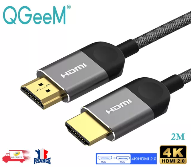 HDMI Câble 4K V2.0 Haute Vitesse avec Ethernet Ultra HD TV 2M  Mâle à Mâle QGeeM