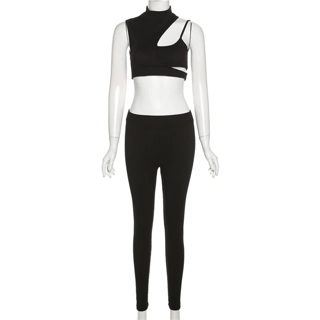2 Pcs/Set Club Tops Pants Suit Solid Color Full Length Pants Backless Hollow Out