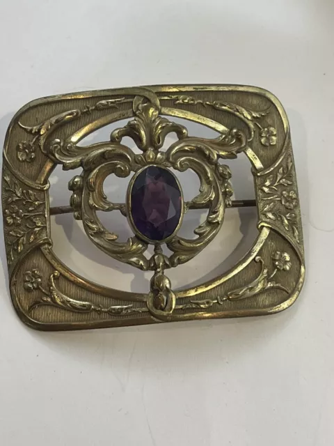 Antique Victorian Art Nouveau Gilt BRASS Glass AMETHYST  Sash PIN BROOCH Signed