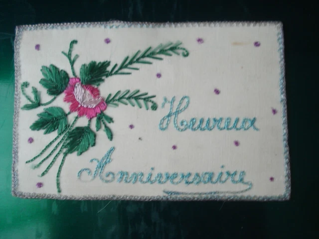 Belle Cpa Militaire Brodee Rose Sur Fond Tulle "Heureux Anniversaire"