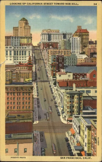 San Francisco California Nob Hill street aerial view  1943 linen postcard sku095