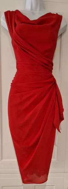 Womens Phase Eight Red Cowl Draped Silky Ruffle Sash Occasion Pencil Dress 8.