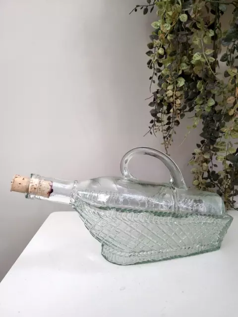 Vintage Glass Wine Bottle In Basket Decanter Pourer with handle made in Spain