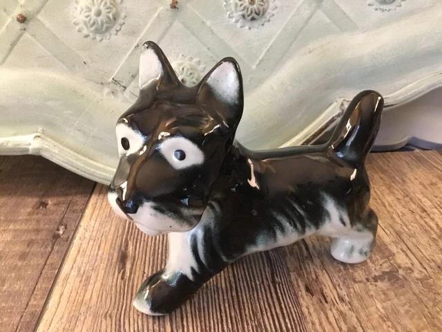 Vintage Porcelain Scottie Dog Figurine Blue Grey Black White Scottish Terrier