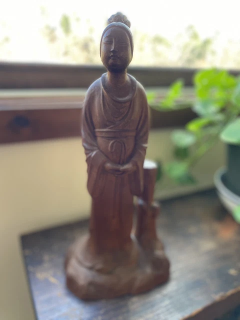Vintage Hand Carved Wooden Chinese Kwan-yin Lady Sculpture Signed