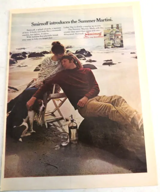 1971 Print Ad Smirnoff introduces the Summer Martini Couple Beach Beagle Dog