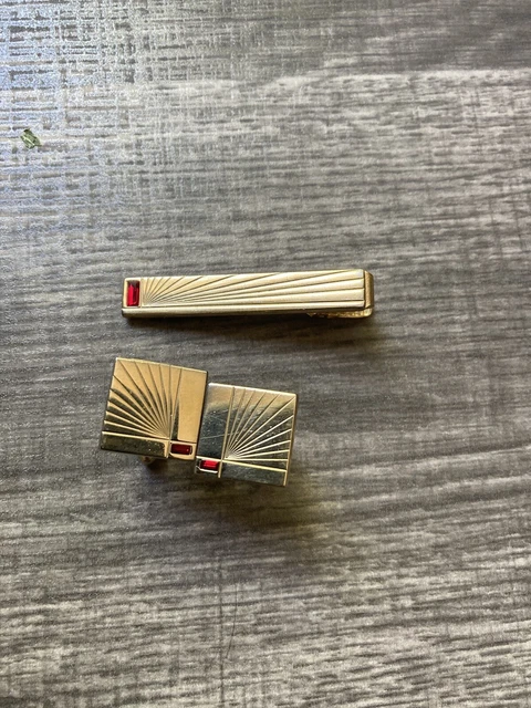 Anson Mens Gold Toned Red Stoned Cufflinks Jewelry Set  & Tie Bar Clip