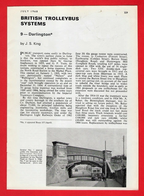 BUSES MAGAZINE EXTRACT 1968 Darlington Trolleybuses Full Historic