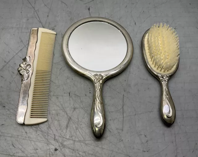 Silver Plated Hand Mirror w/ Brush and Comb