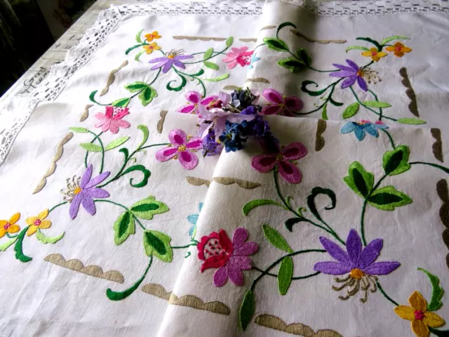 Vintage Hand Embroidered Linen Tablecloth-Beautiful Art Nouveau Design