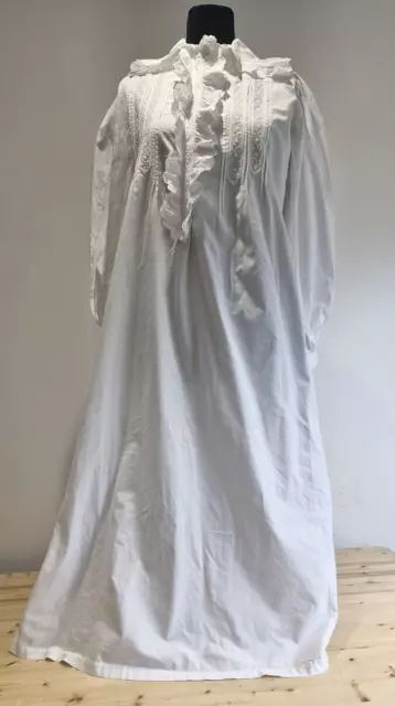 Antique Victorian Nightdress Vintage Original White Cotton Embroidery