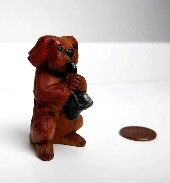 Vintage Miniature Wooden Carved Musician Dog Figurine Playing Saxophone 2" tall
