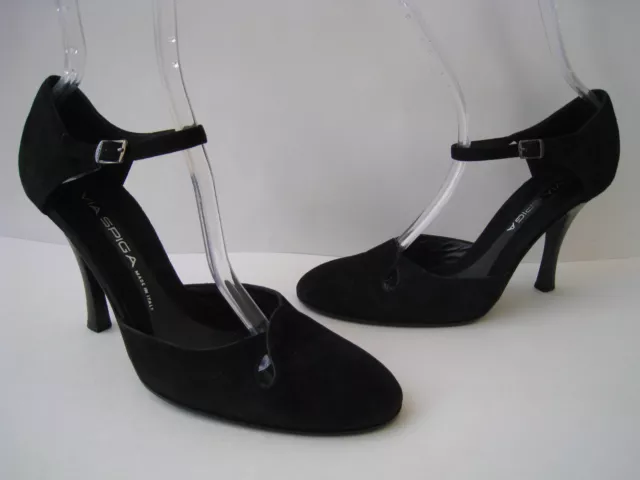 Via Spiga Black Suede Leather Ankle Strap Pumps Women Size 9.5B Hot Italy Unique