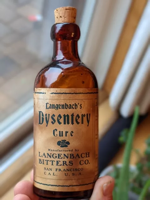 Labeled Langenbachs Dysentery Cure Bitters Bottle San Francisco CA Cal