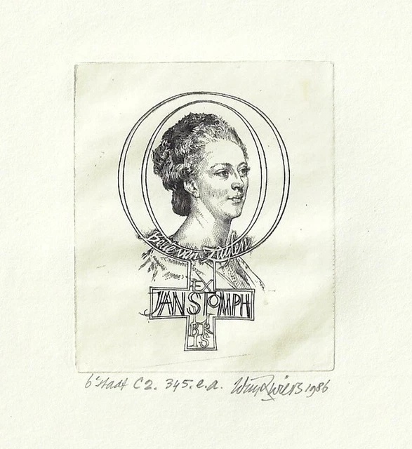 WIM ZWIERS: Exlibris für Jan Stomph "Belle vab Zuylen" Portrait, 1986