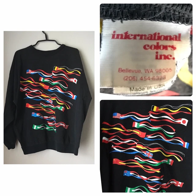 Vtg 80s Flag Windsock Black Sweatshirt L XL USA Canada Japan International