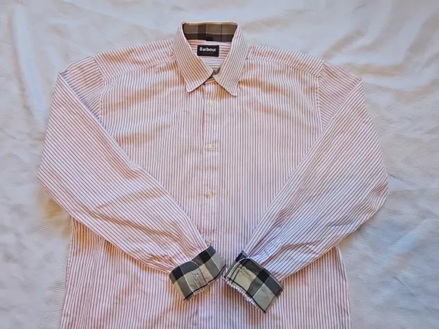 Barbour Tartan White Red Pinstripes Shirt L/S Button Mens Medium Flip Cuff