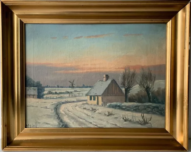 Pintura Al Óleo Impresionista M Lind Paisaje de Invierno Im Abendlicht Con Casa