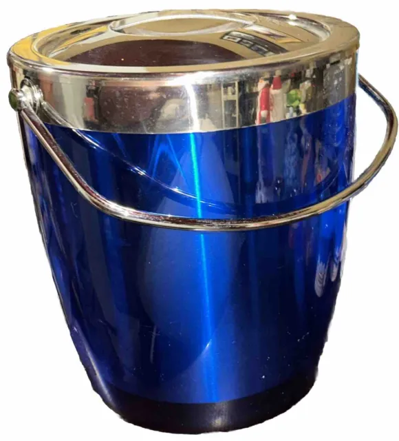 Retro Cobalt Blue & Chrome Ice Bucket Casamoda Acrylic Lucite + Scoop Slip Resis