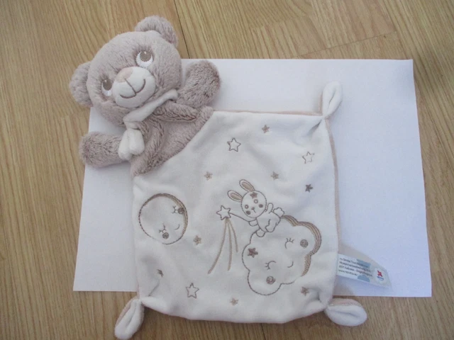 Doudou plat carré ours Nicotoy simba marron brun écru lapin sur nuage