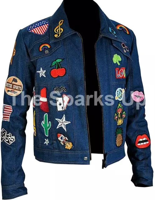 Men's Classic Pop Rock Punk Multi Patches Casual Party Wear Blue Denim Jacket