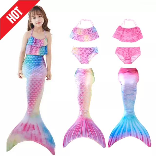 Kids Girls Mermaid Tail Swimming Costume Swimmable Bikini Set Summer Swimsuit