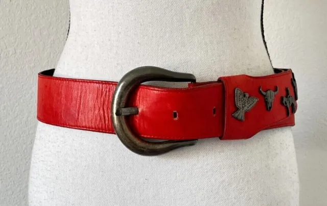 1980s Wide Red Leather Belt with Conchos, Vintage Western Style Belt, Size 32