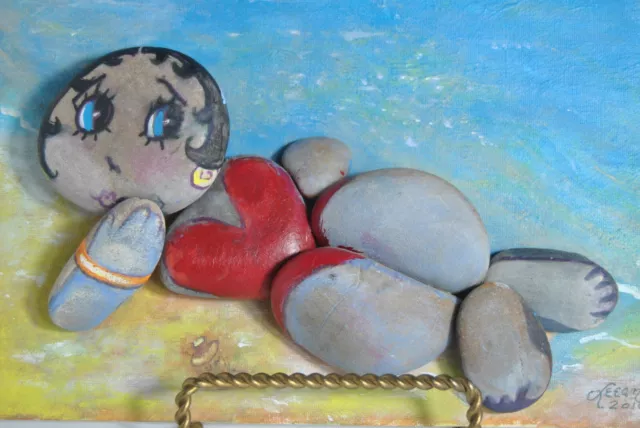 Original Stone Art by Leean of Betty Boop Sun Bathing at the Beach w Stand OOAK