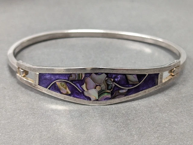 Bracelet Vintage Taxco Mexique En Argent Sterling 925 Et Nacre (Abalone) - Style Aztèque - 7,5 Pouces