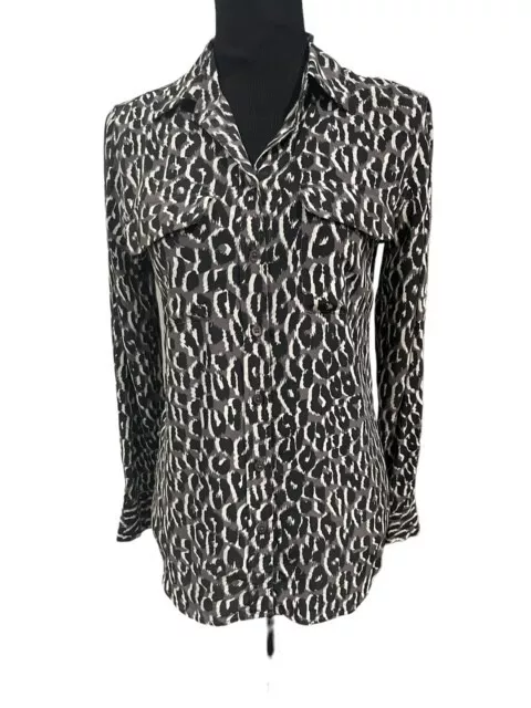 Equipment Femme Womens Blouse Size Extra Small Black Animal Print Button Up Silk