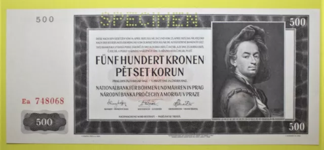 A12 - Bohemia & Moravia 500 Korun 1942 Uncirculated Banknote P. 12 - SPECIMEN