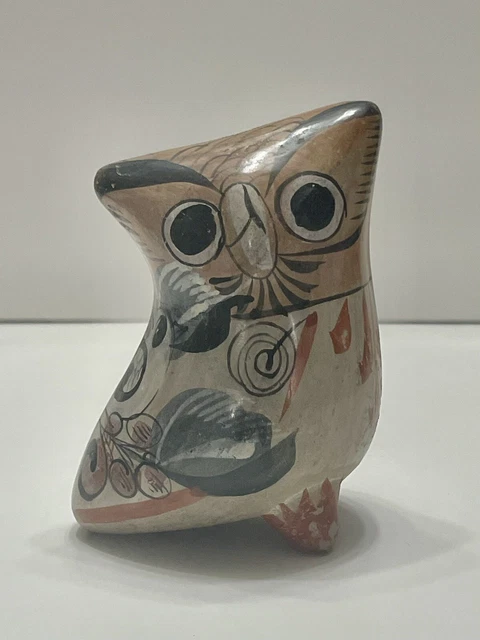 Vintage Tonala Pottery Owl Unsigned Labeled Mexico Terracotta Blue