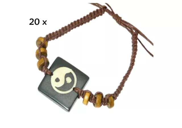 Set of 20 Yin Yang Bracelets Cord Wooden Beads Wristband Wholesale Job Lot Gifts