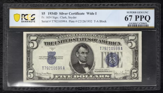 Fr. 1654 1934-D $5 Wide I Silver Certificate Pcgs Banknote Superb Gem Unc-67Ppq