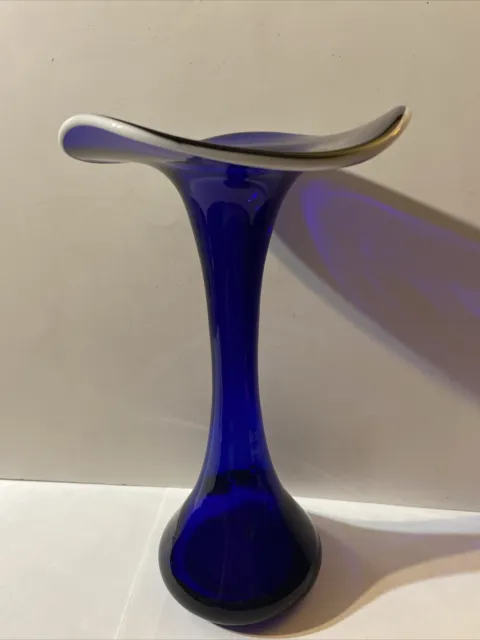 Vintage Art Glass Vase Cobalt Blue Flared Hand Blown Made In Poland