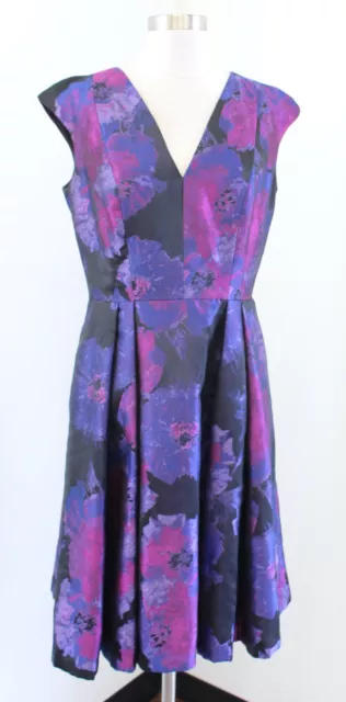 Carmen Marc Valvo Purple Blue Pink Floral Fit and Flare Cocktail Party Dress 8