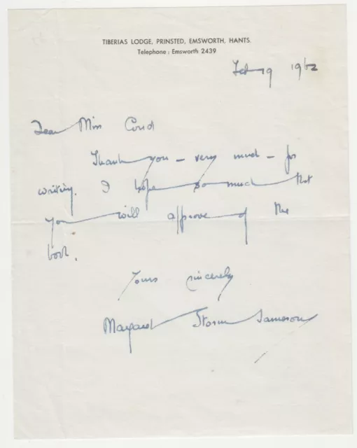 Margaret Storm Jameson (1891-1986) novelist, 1962 Autograph Letter Signed